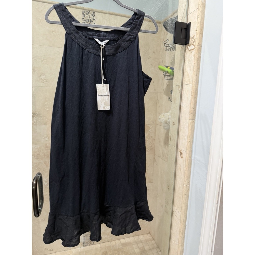 Tommy Bahama Black Marina Slub Dress XL Pockets Ruffle Hem Cotton Blend NWT